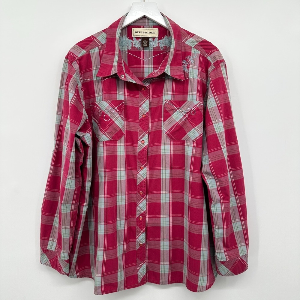 Bit & Bridle Top Shirt‎ Size 2X Western Pearl Snap Embroidered Pink Plaid Rodeo